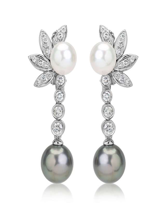 18K White Gold Diamond and Tahitian Pearl Drop Earrings